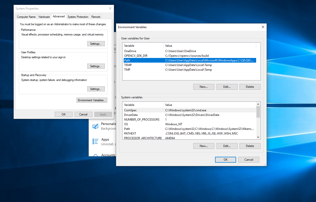 Windows Environment Variables dialogue